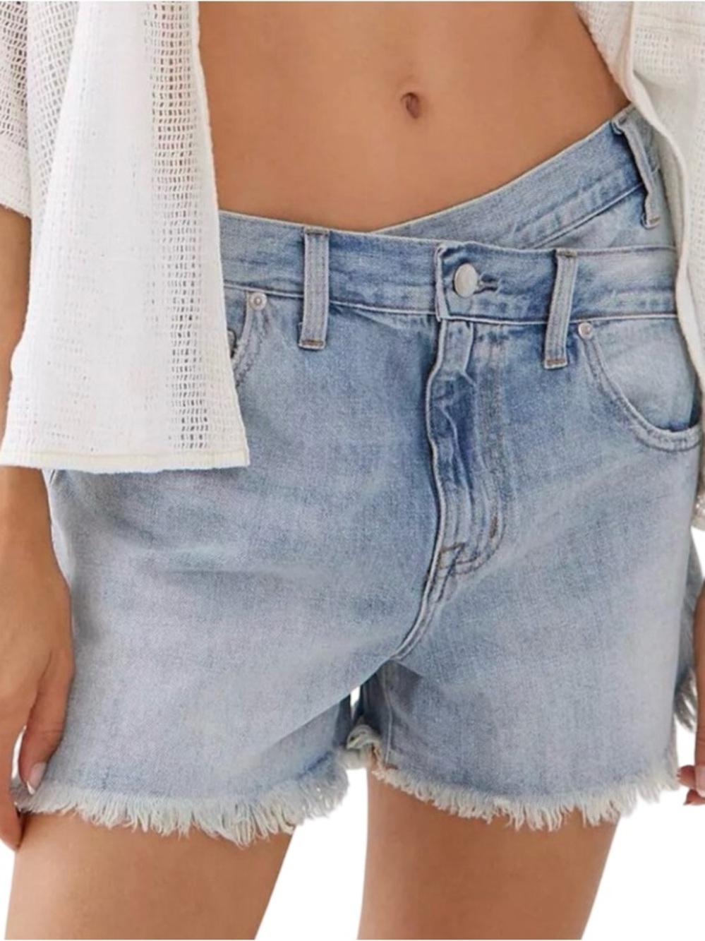 PISTOLA Bobbie CrossOver High Rise Light Wash Frayed Hem Denim Cutoff Shorts